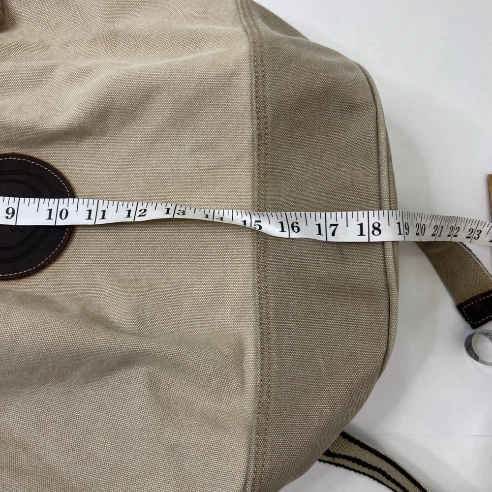 Life is Good Canvas Bucket Backpack Khaki Cotton Leather Trim Drawstring Bag